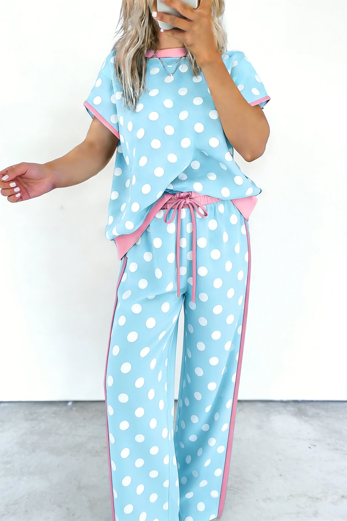 Shona Sky Blue Polka Dot Short Sleeve Top and Pants Set