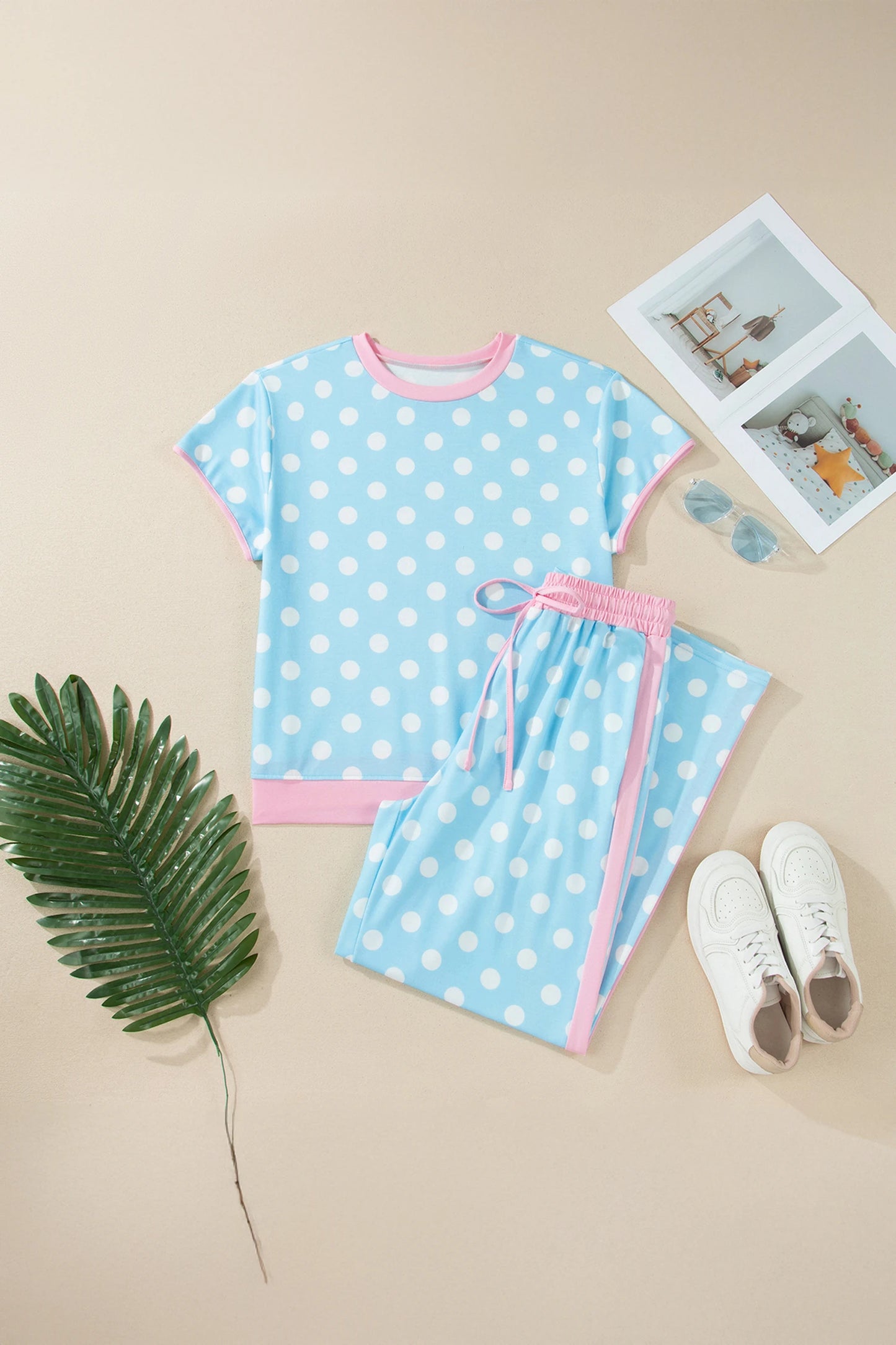 Shona Sky Blue Polka Dot Short Sleeve Top and Pants Set