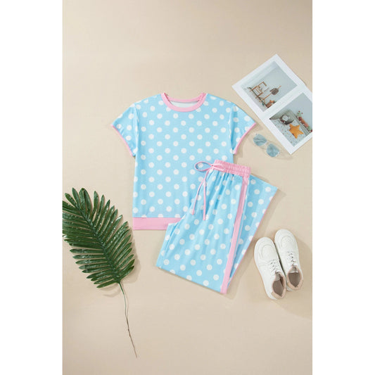 Shona Sky Blue Polka Dot Short Sleeve Top and Pants Set