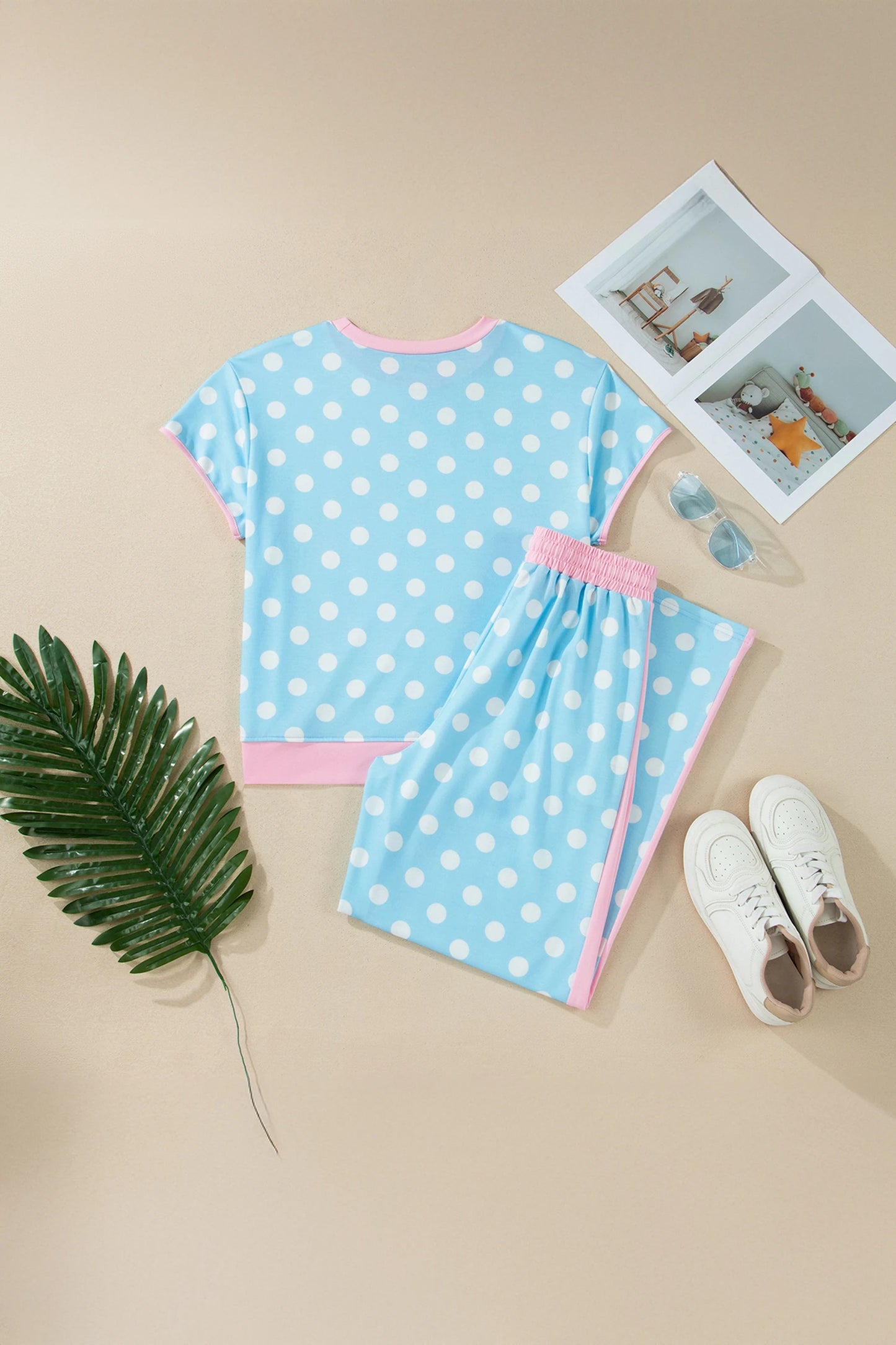 Shona Sky Blue Polka Dot Short Sleeve Top and Pants Set