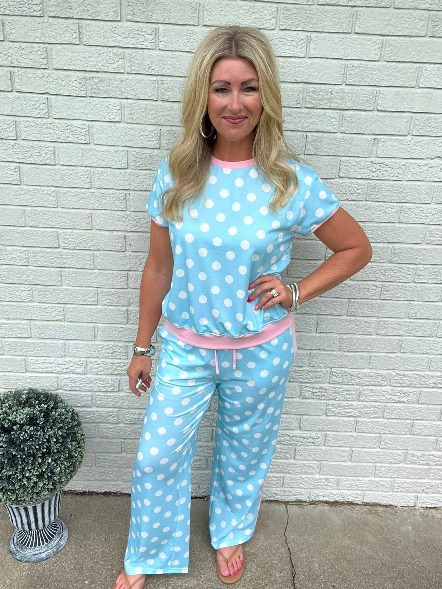 Shona Sky Blue Polka Dot Short Sleeve Top and Pants Set