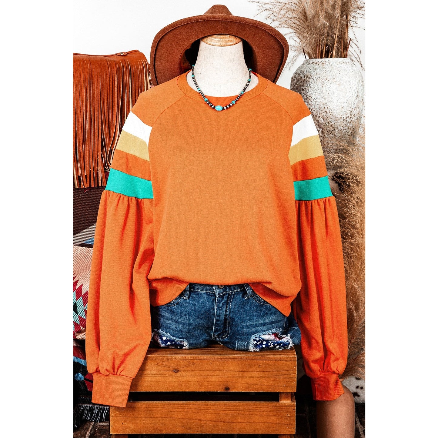 Shonta Color Block Sleeve Exposed Seam Raglan Sweatshirt