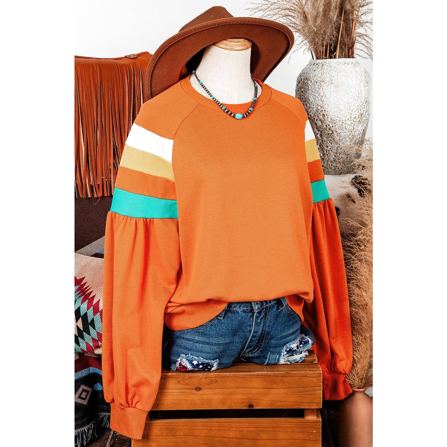 Shonta Color Block Sleeve Exposed Seam Raglan Sweatshirt