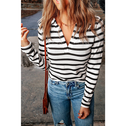 Sibley Stripe Collared V Neck Lightweight Knit Casual Sweater