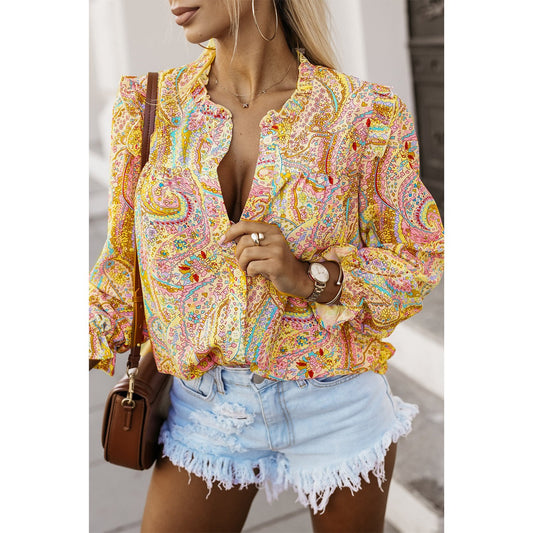 Sierra Yellow Paisley Print Ruffled Trim Boho Shirt