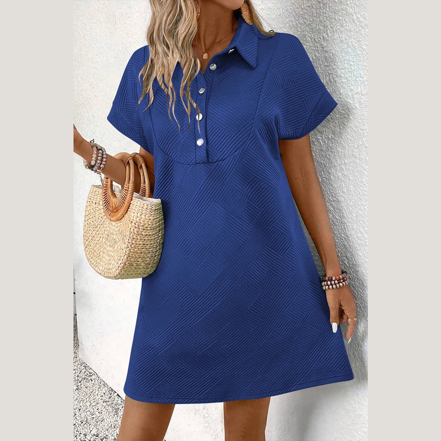 Sierra Dark Blue Textured Short Sleeve A Line Mini Dress