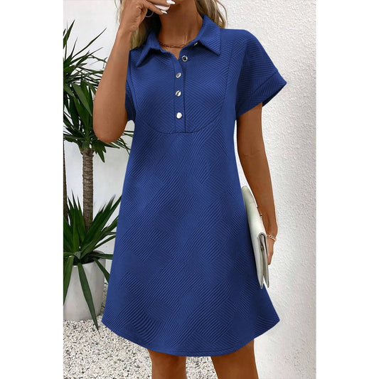 Sierra Dark Blue Textured Short Sleeve A Line Mini Dress