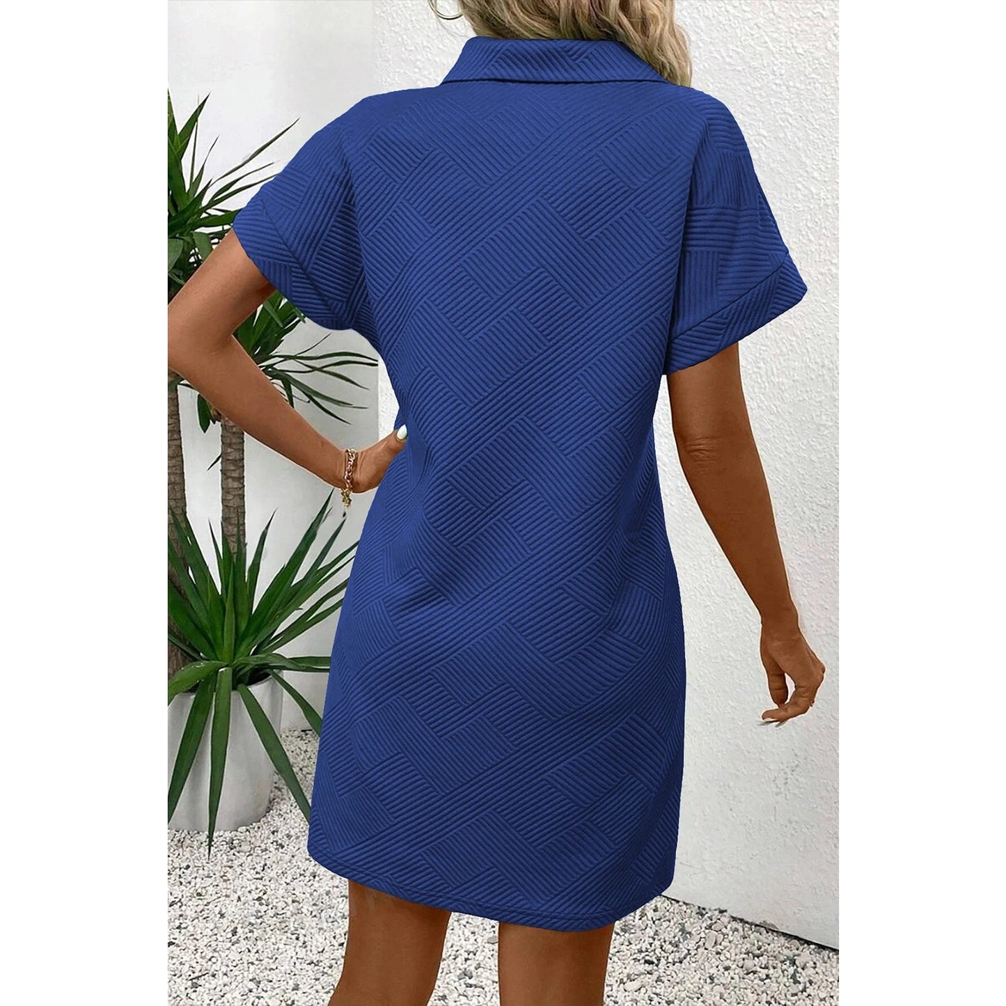Sierra Dark Blue Textured Short Sleeve A Line Mini Dress