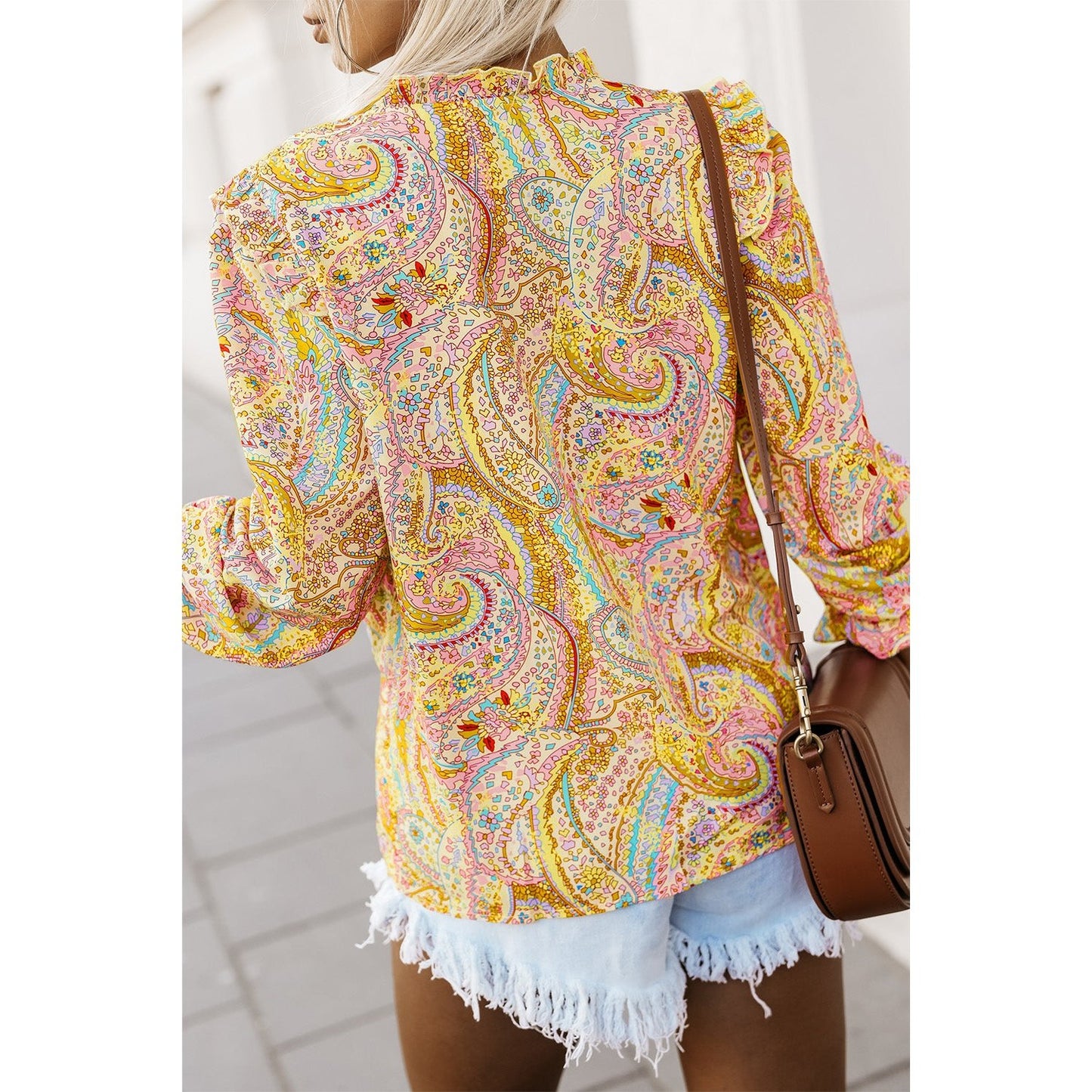 Sierra Yellow Paisley Print Ruffled Trim Boho Shirt