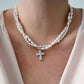 Imitation Pearl Necklace  w/ Cross Pendant - 2 Colors