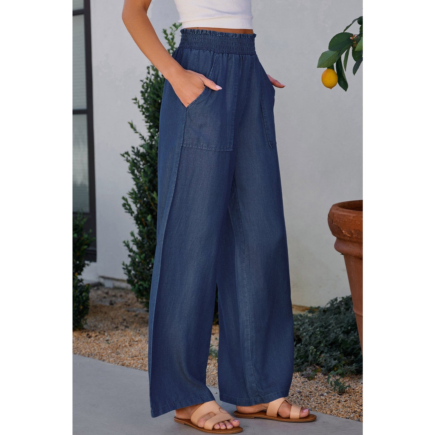 Simmi Sail Blue Side Pockets Frilled Smocked High Waist Wide Leg Jeans