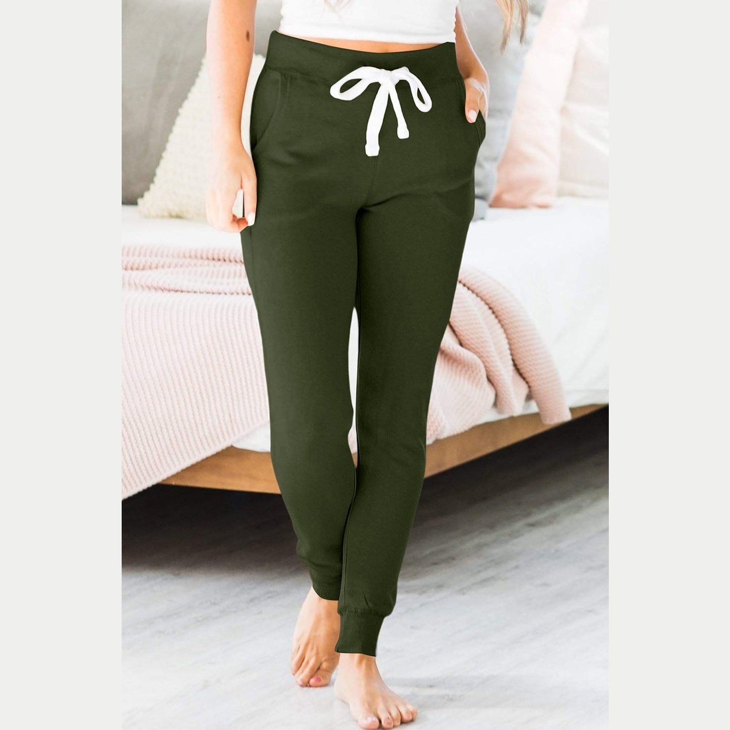 Sisi Green Drawstring Waist Pocketed Joggers