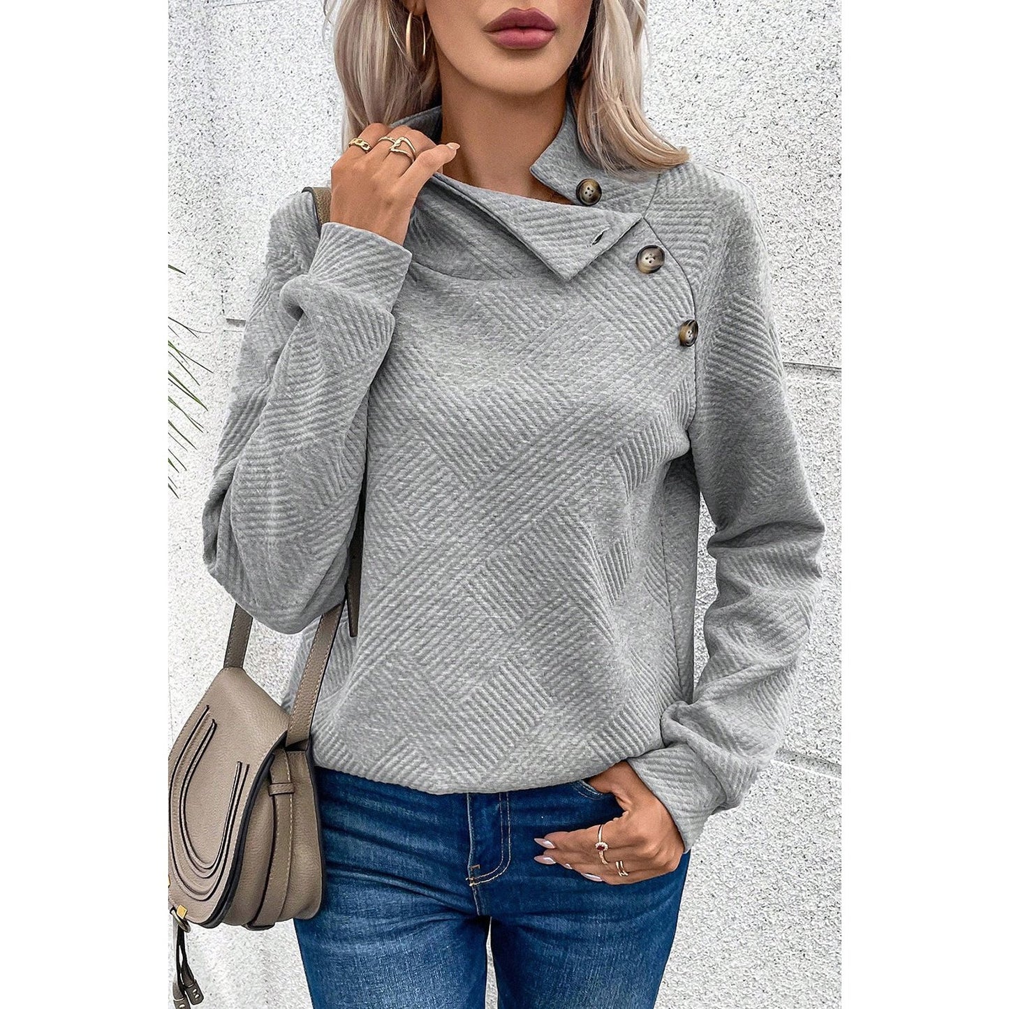 Mollie Grey Asymmetric Buttons Detail High Neck Textured Sweatshirt