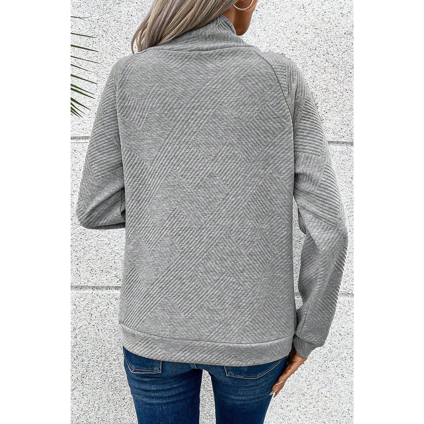 Mollie Grey Asymmetric Buttons Detail High Neck Textured Sweatshirt