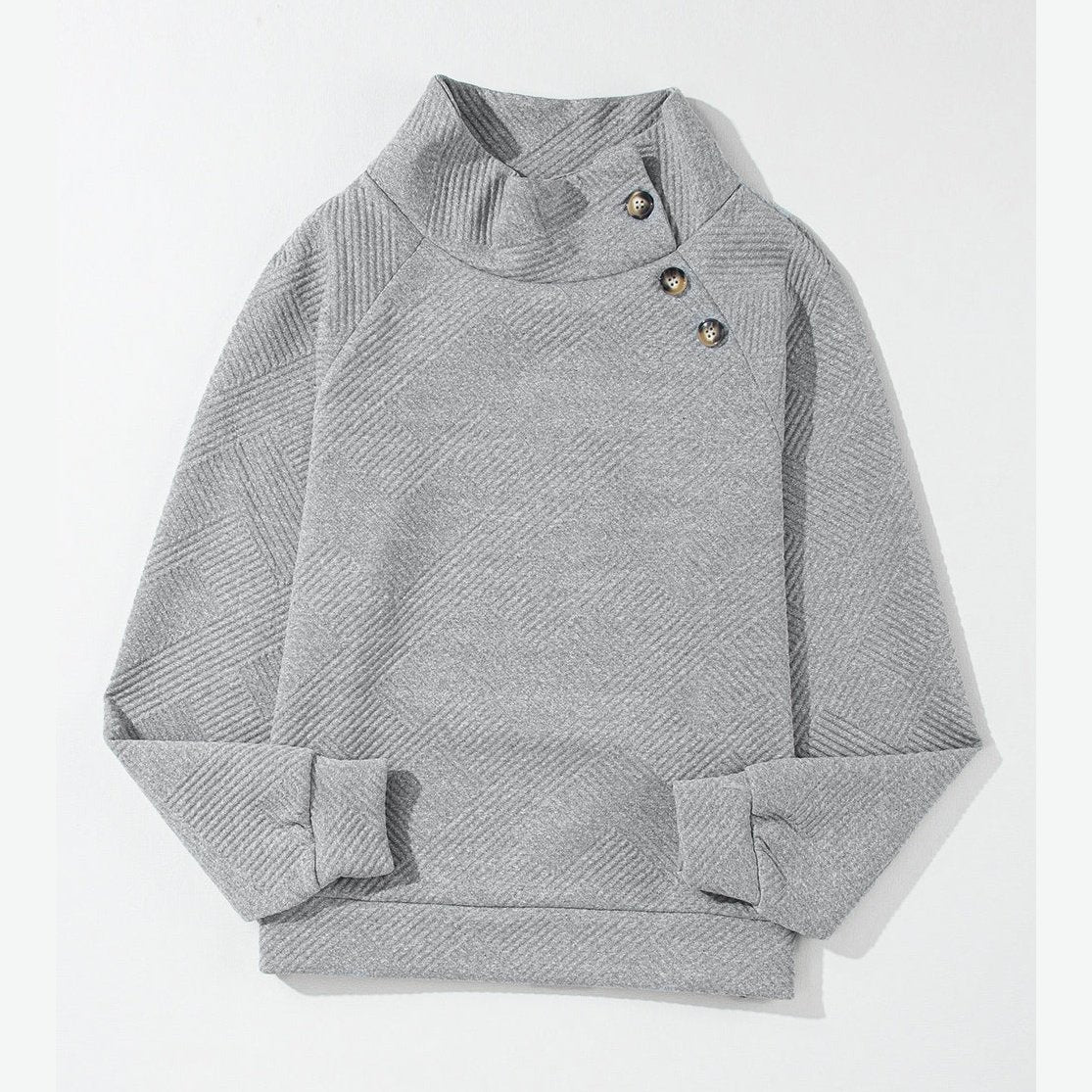 Mollie Grey Asymmetric Buttons Detail High Neck Textured Sweatshirt