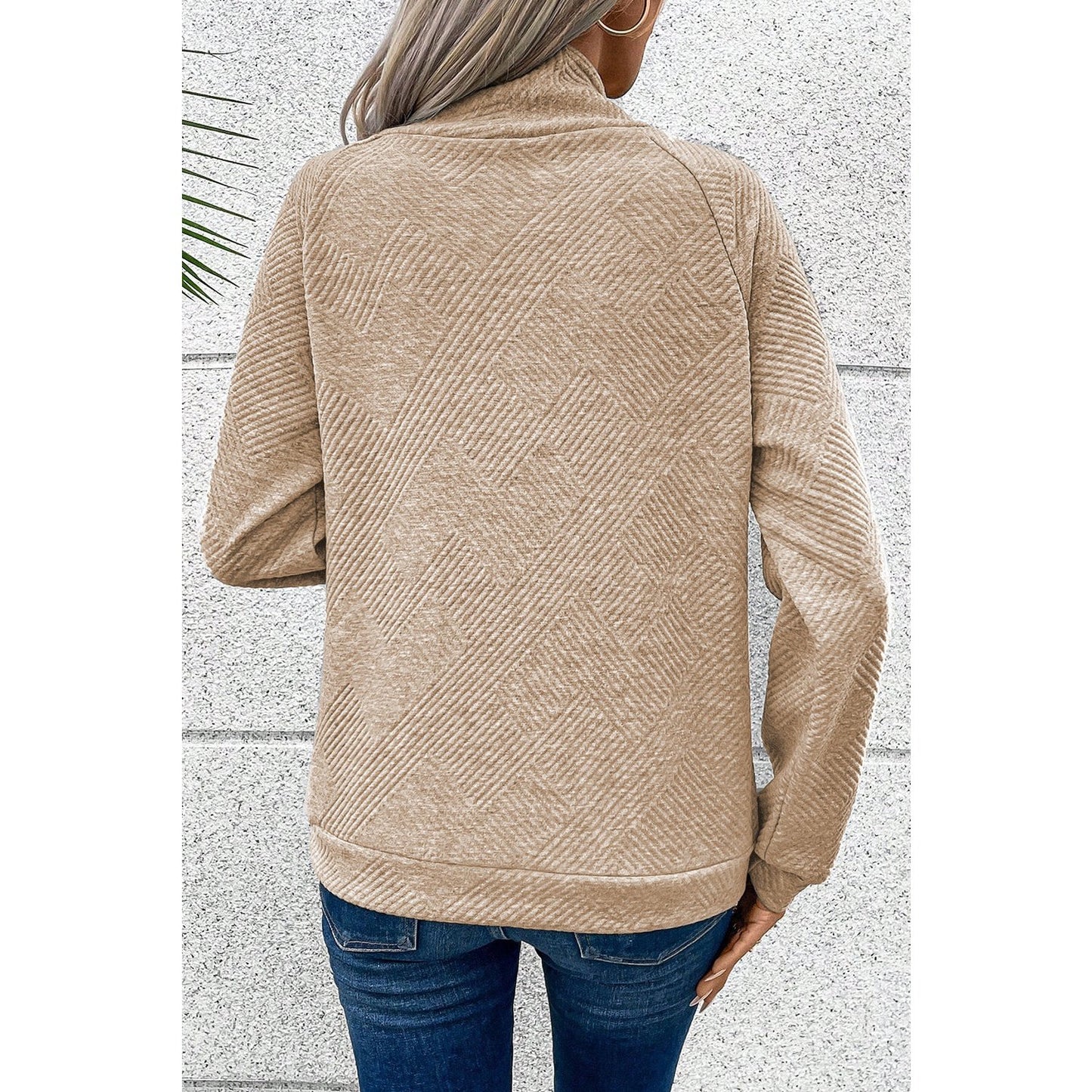 Mollie Apricot Asymmetric Buttons Detail High Neck Textured Sweatshirt