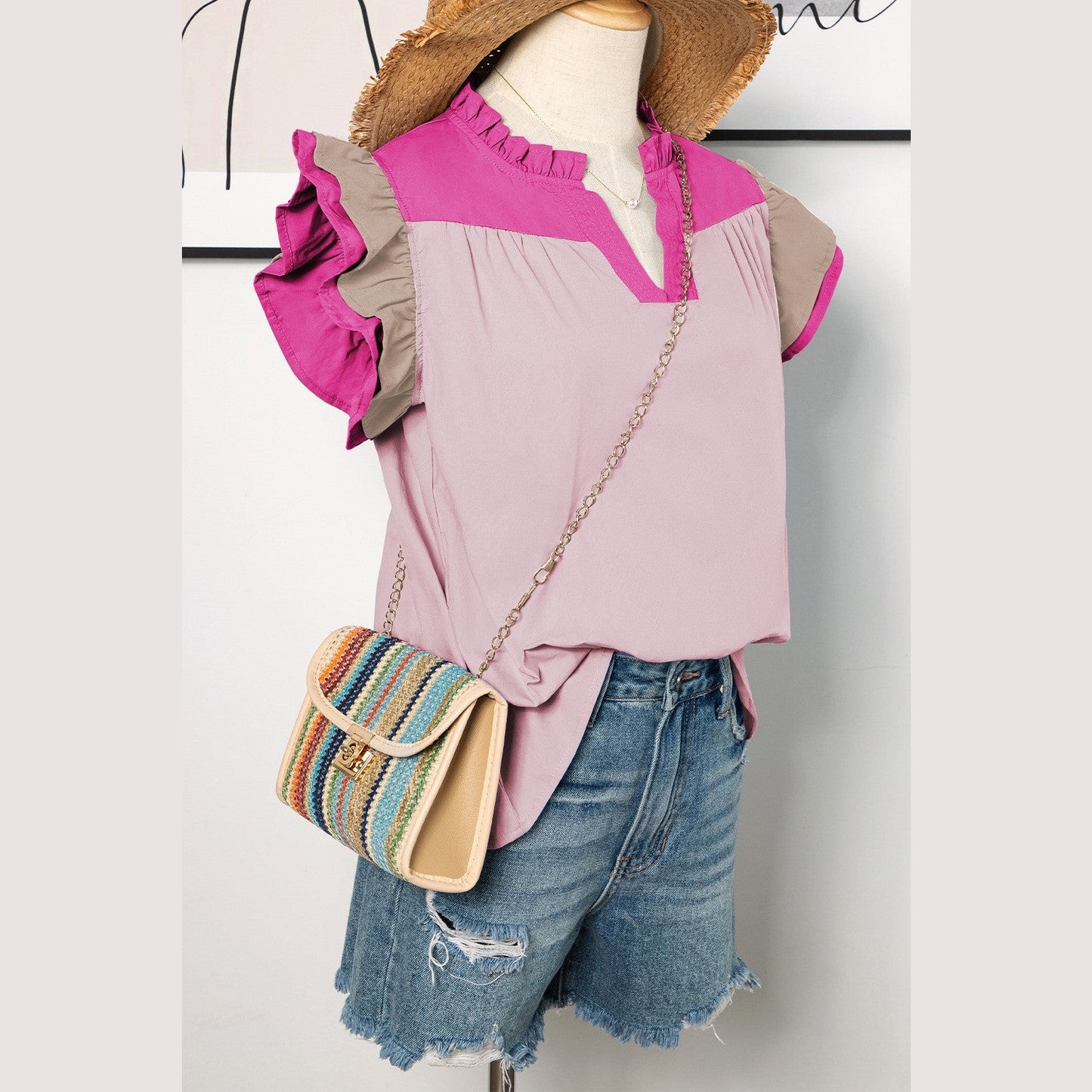 Sofia Pink Colorblock Ruffled Sleeve Frill V Neck Blouse