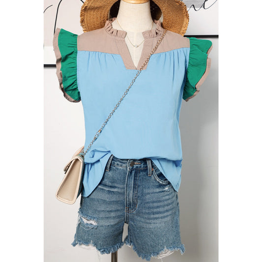 Sofia Blue Colorblock Ruffled Sleeve Frill V Neck Blouse