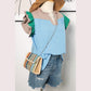 Sofia Blue Colorblock Ruffled Sleeve Frill V Neck Blouse