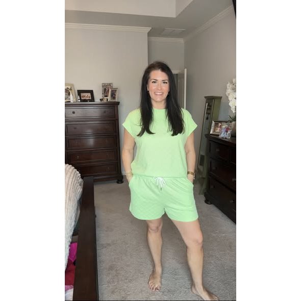 SALE!!!  Sommer Light Green Checkered Textured Tee and Drawstring Shorts