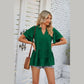 Sondra Green V Neck Tiered Double Ruffle Short Sleeve Blouse