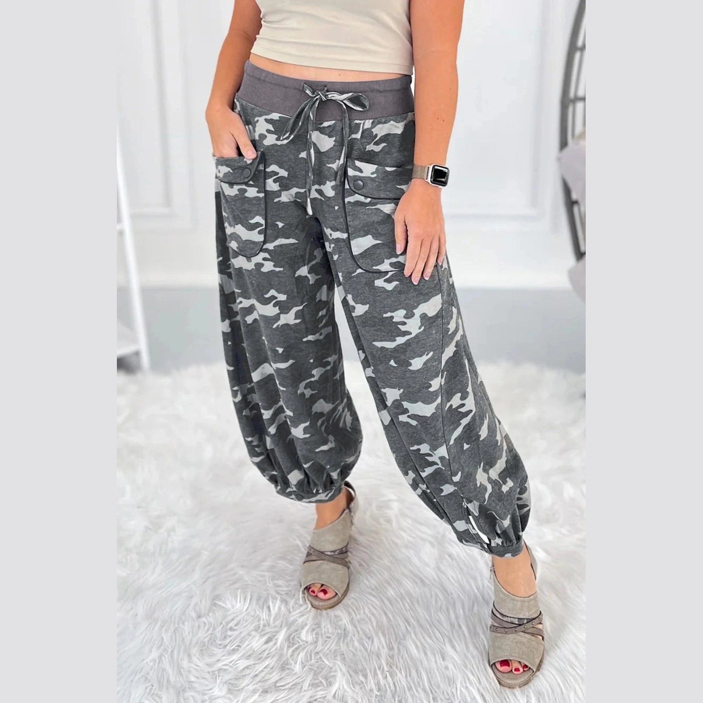 Sophie Drawstring Contrast Waistband Camouflage Cargo Barrel Pants