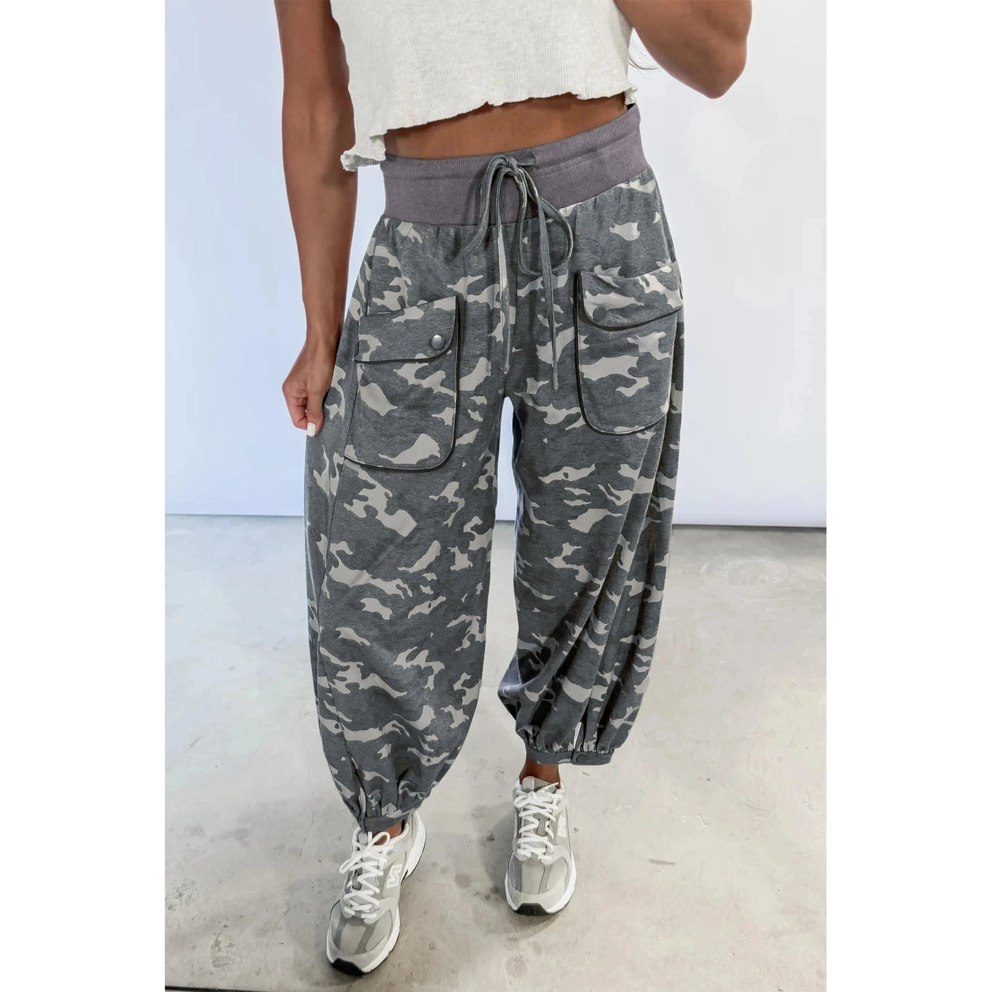 Sophie Drawstring Contrast Waistband Camouflage Cargo Barrel Pants