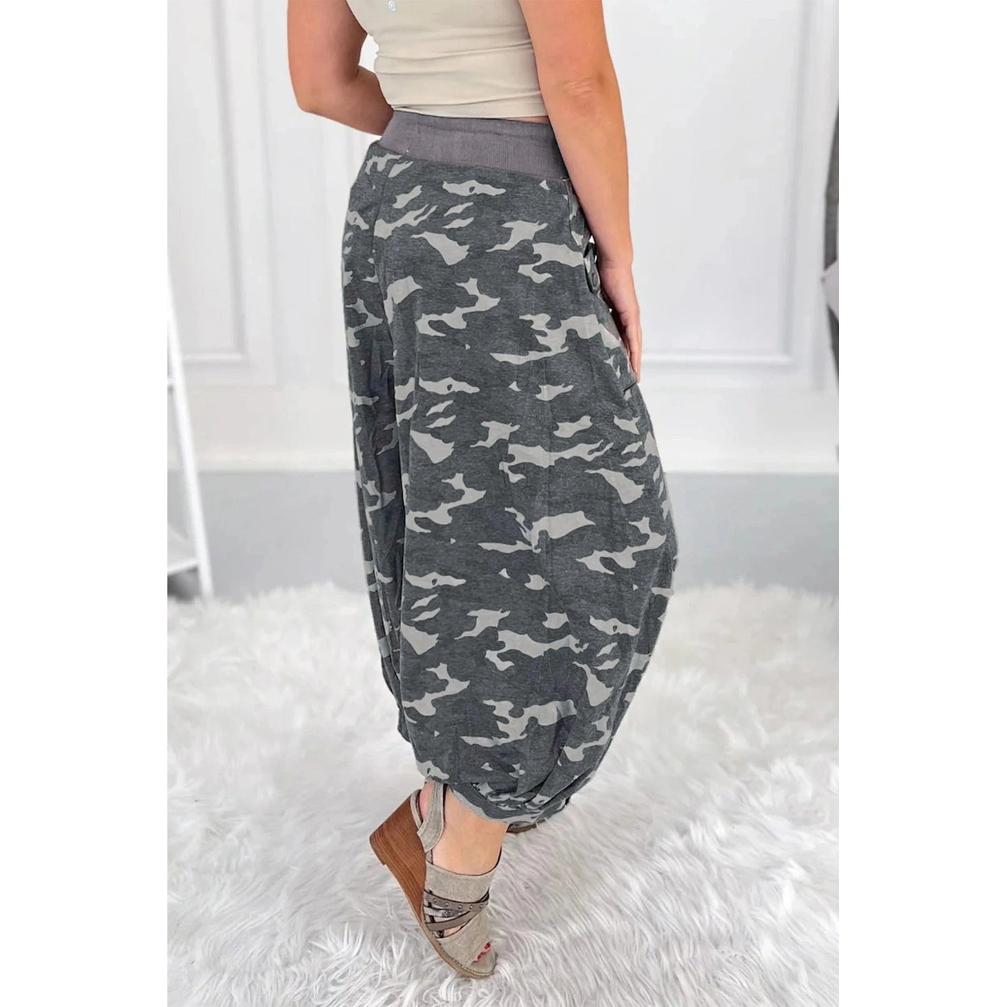 Sophie Drawstring Contrast Waistband Camouflage Cargo Barrel Pants