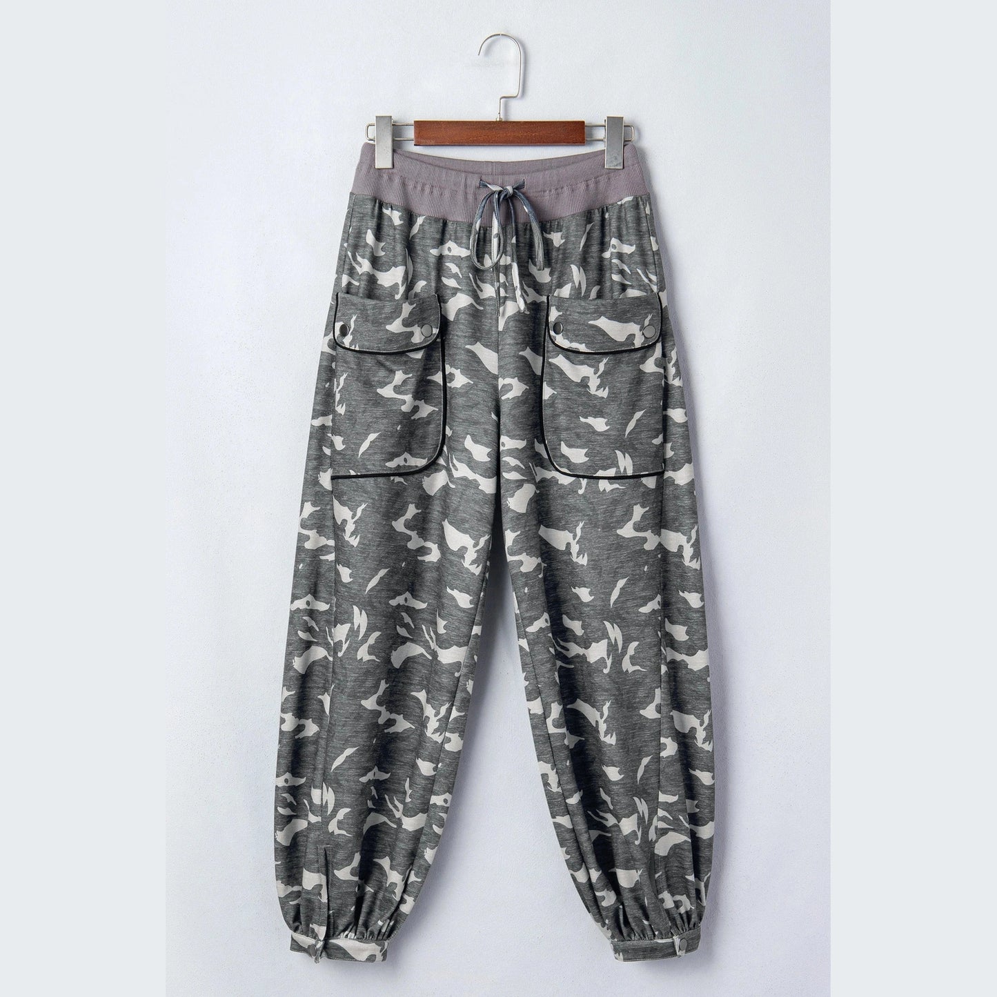 Sophie Drawstring Contrast Waistband Camouflage Cargo Barrel Pants