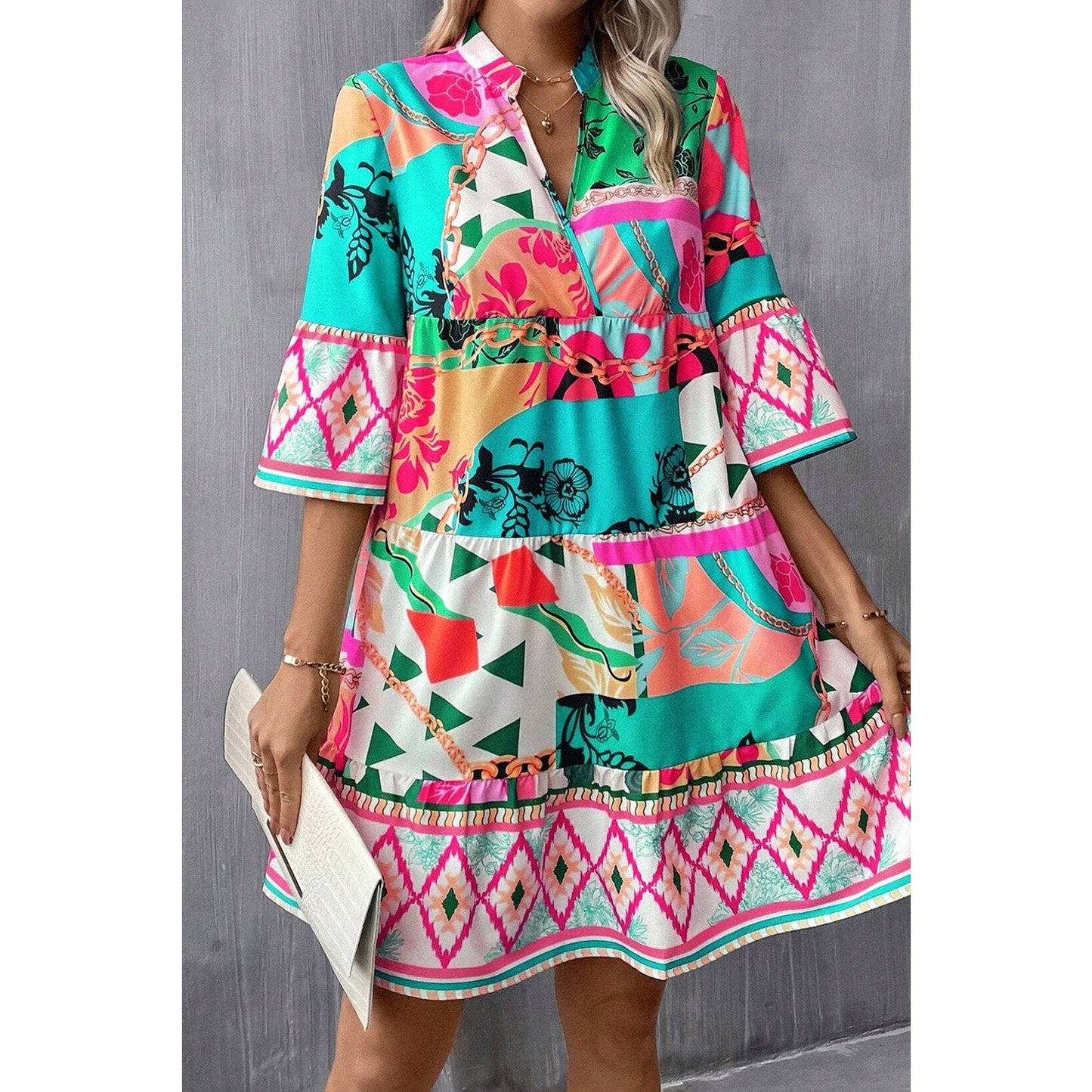 Sophila Multicolour Abstract Printed Half Sleeve Notched Neck Mini Dress