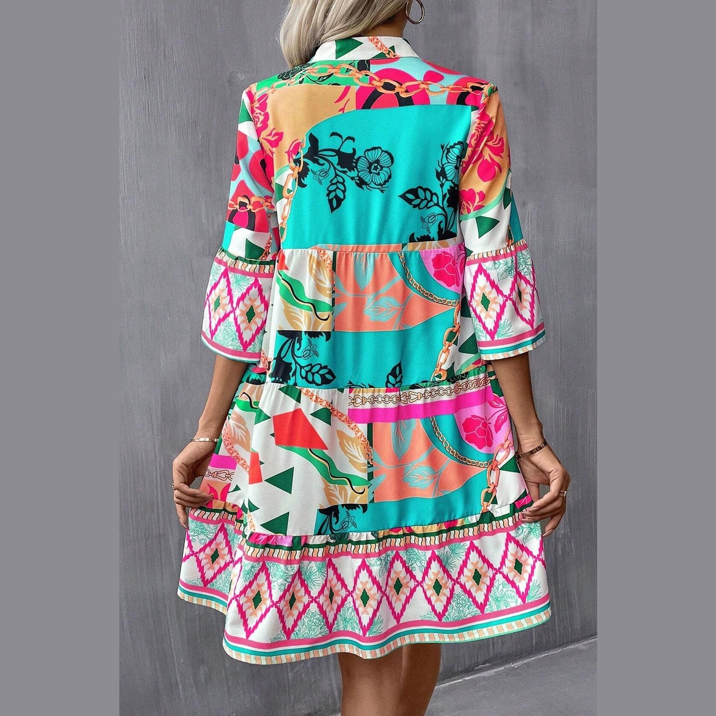 Sophila Multicolour Abstract Printed Half Sleeve Notched Neck Mini Dress