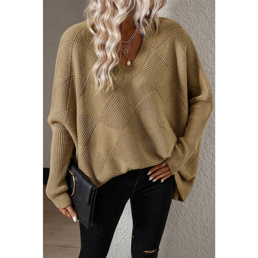 Sorcha Camel Checkered Textured Batwing Sleeve Sweater
