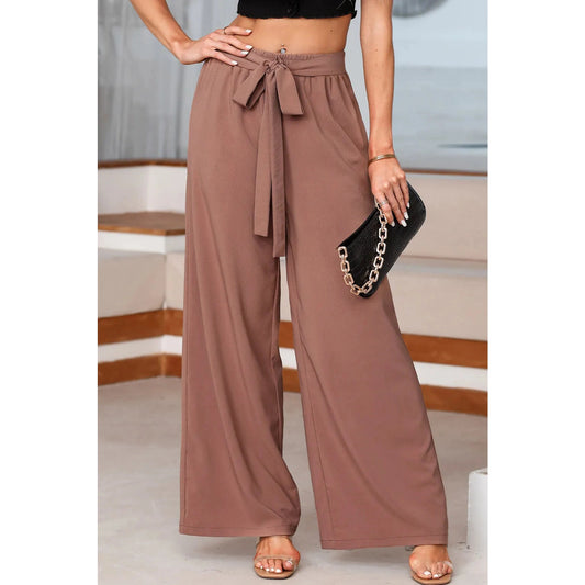 Sorcha Coffee High Waisted Tie Front Side Pocket Wide Leg Flowy Casual Pants