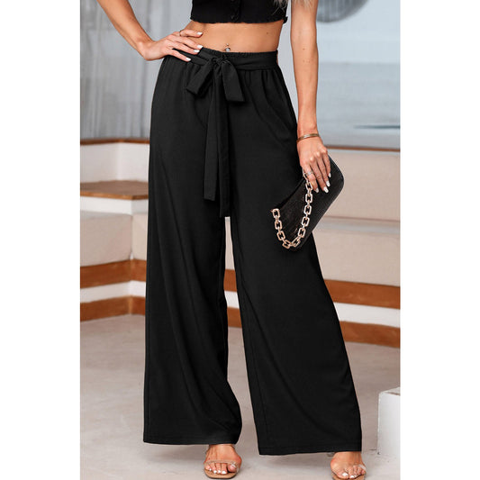 Sorcha Black High Waisted Tie Front Side Pocket Wide Leg Flowy Casual Pants