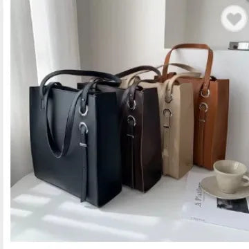 PU Leather Structured Tote Handbag with Metal Ring Detail - 4 Colors
