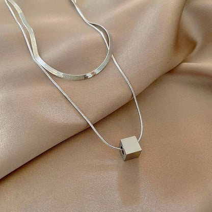 Silver Double Layer Square Pendant Snake Chain Necklace