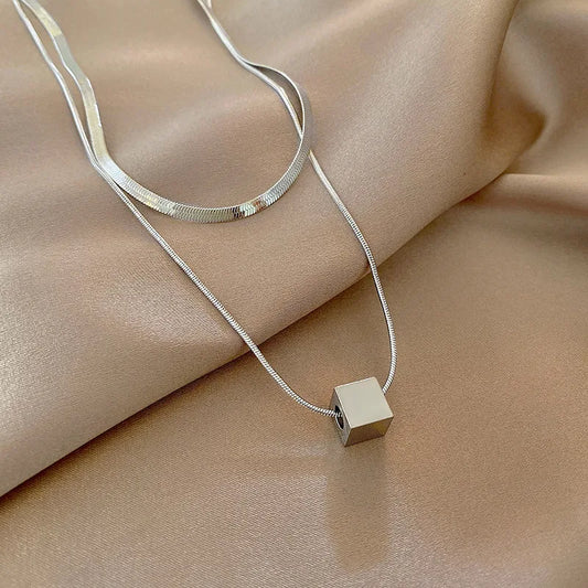 Silver Double Layer Square Pendant Snake Chain Necklace