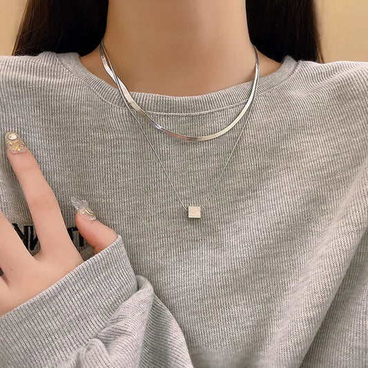 Silver Double Layer Square Pendant Snake Chain Necklace
