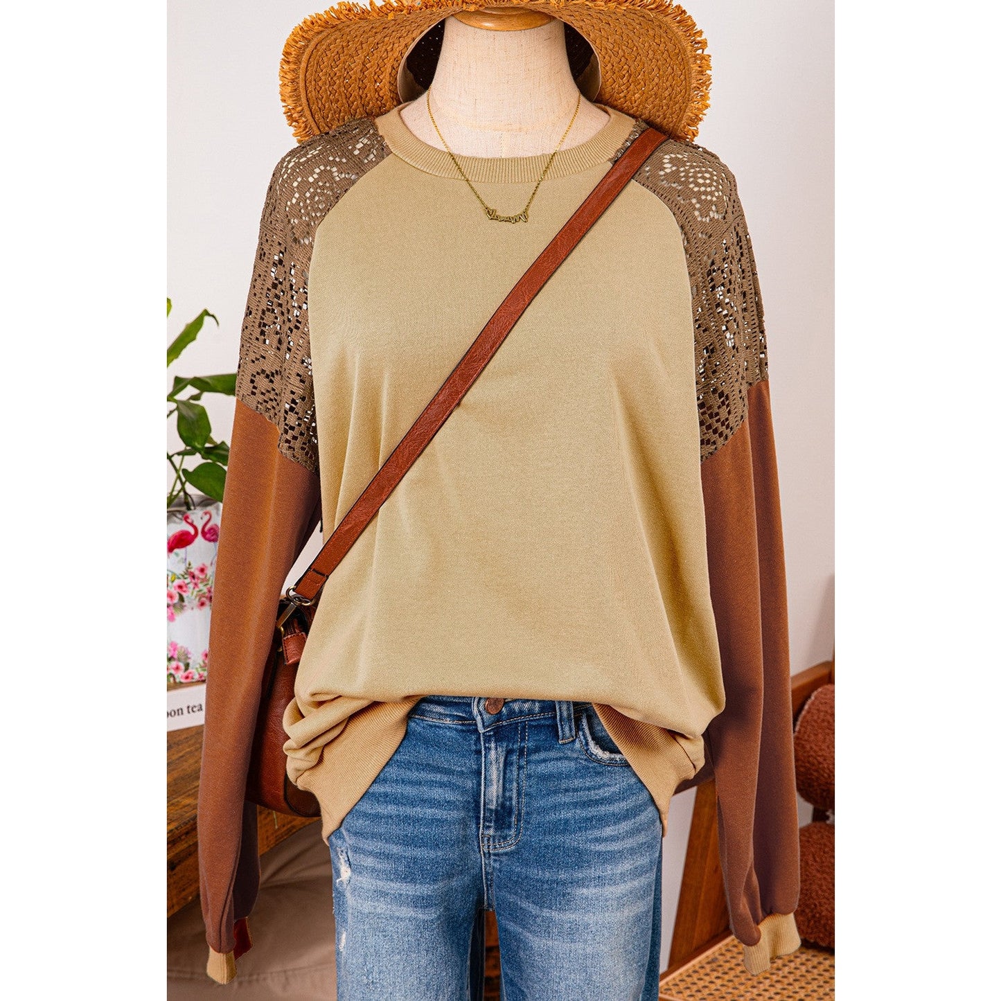 Stacie Khaki Lace Patchwork Colorblock Drop Shoulder Sweatshirt