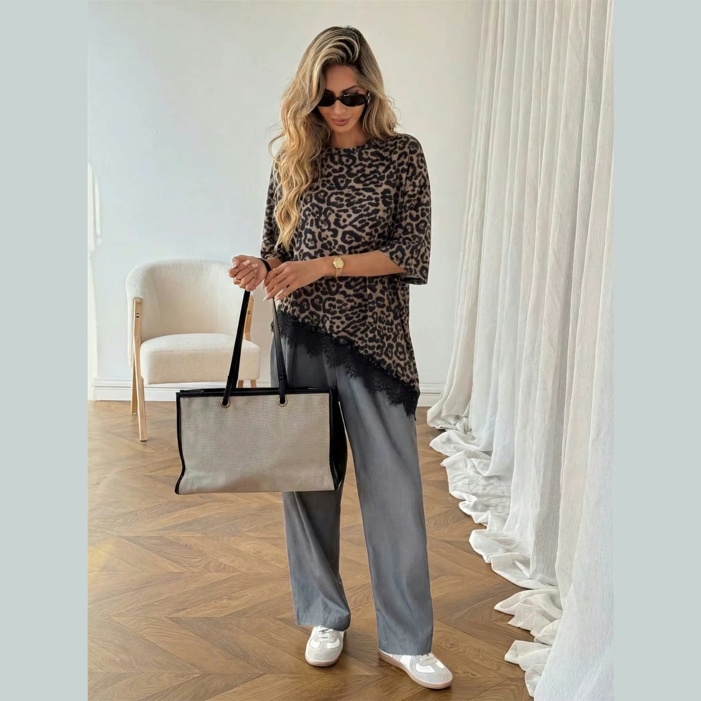 Starla Leopard Lace‑Trim Relaxed Tee