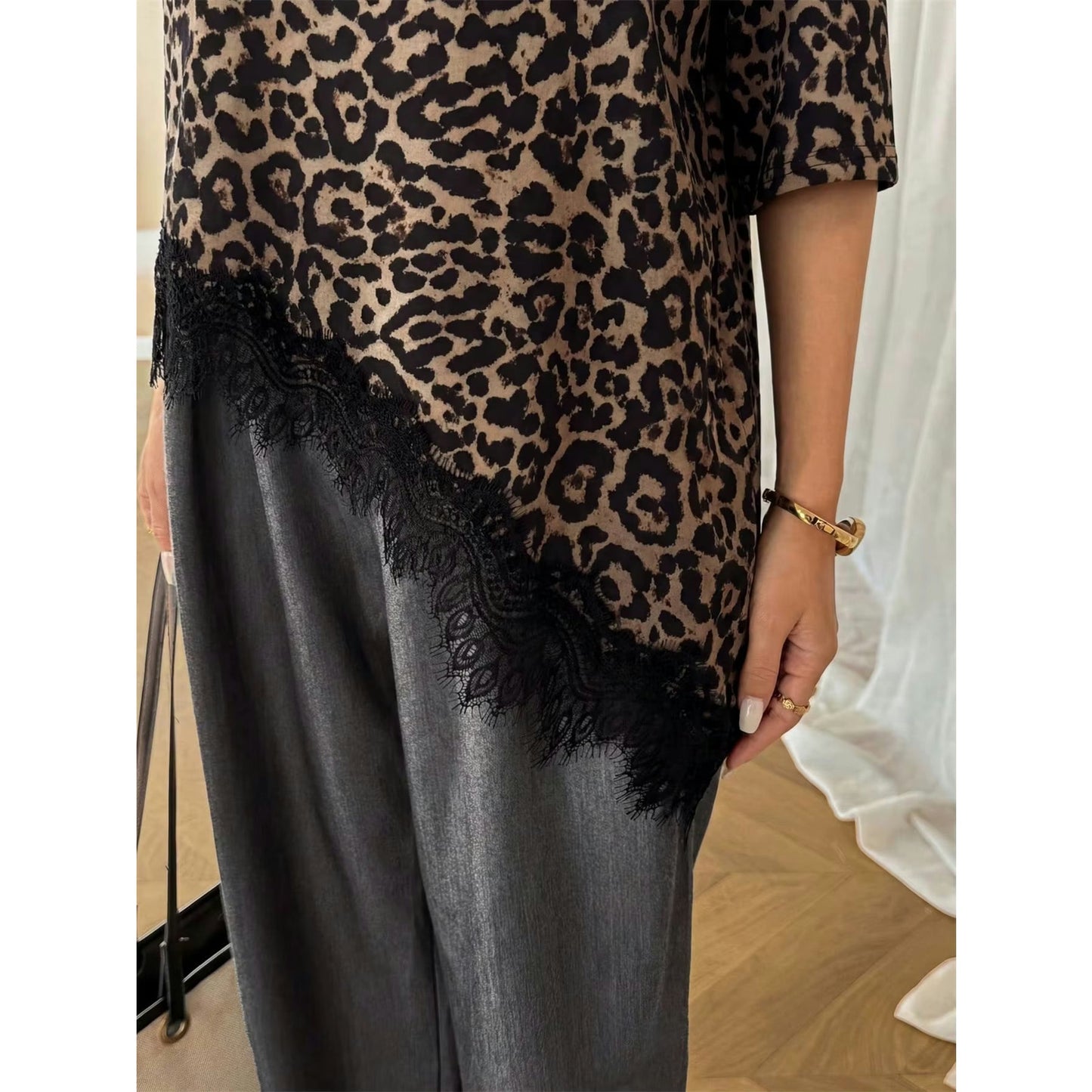 Starla Leopard Lace‑Trim Relaxed Tee