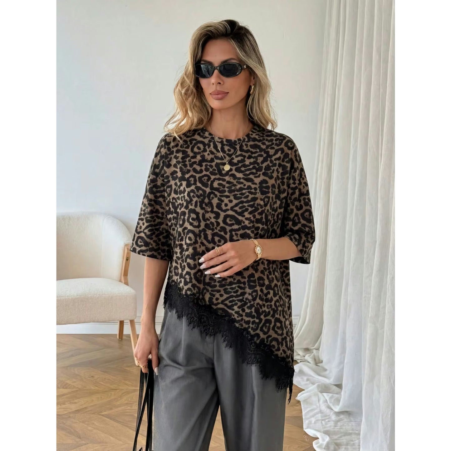 Starla Leopard Lace‑Trim Relaxed Tee