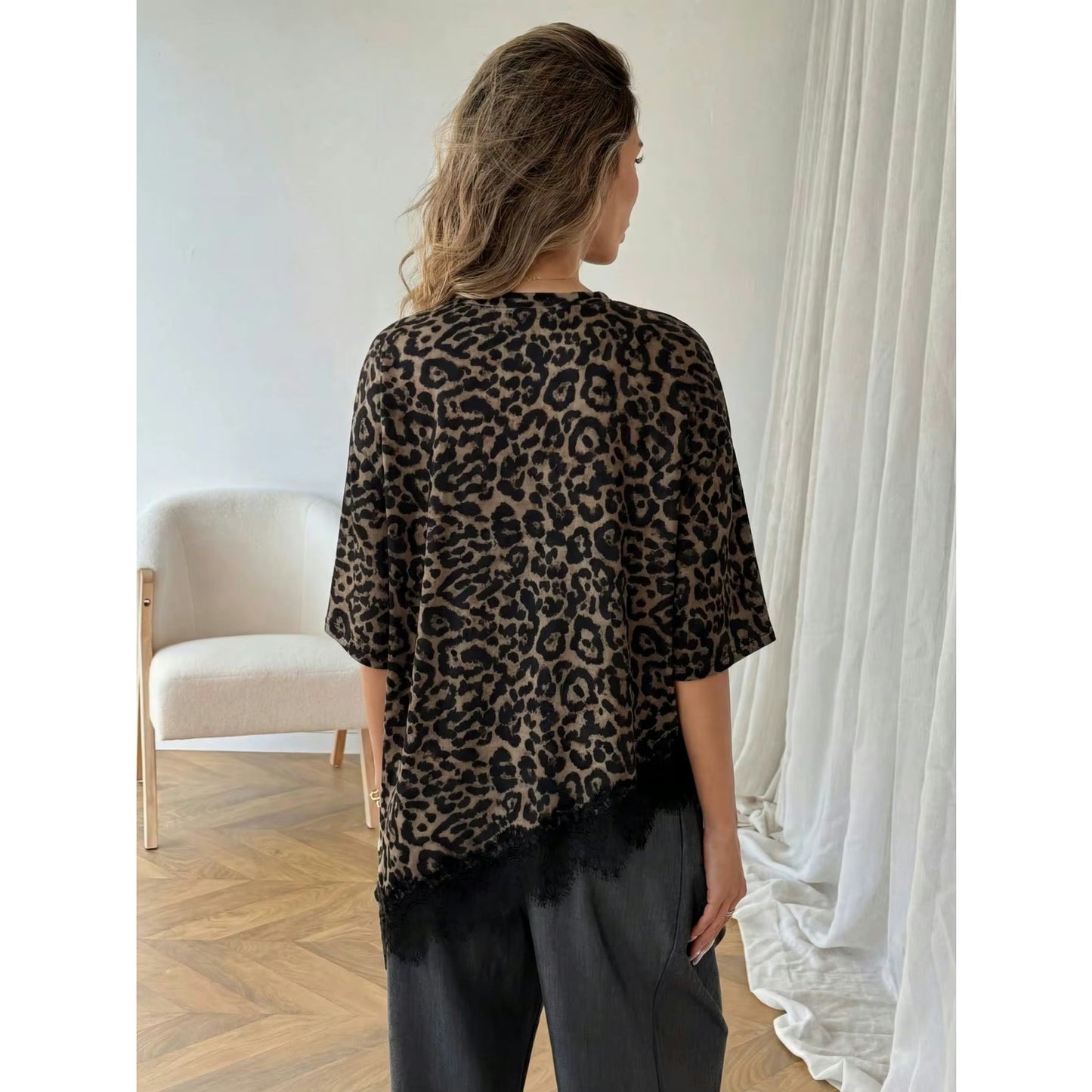 Starla Leopard Lace‑Trim Relaxed Tee