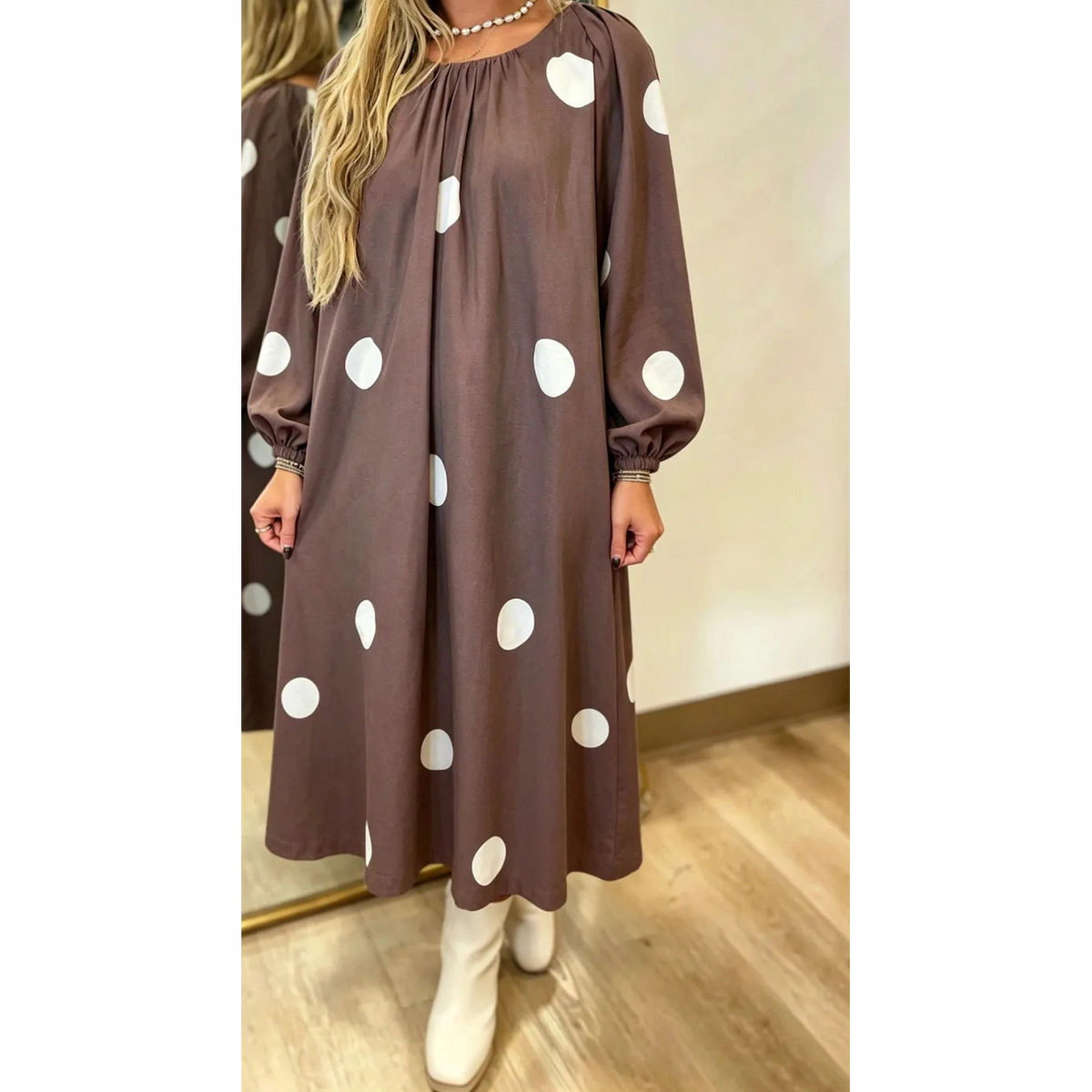 Stassie Brown Polka Dot Contrast Bow Knot Back Long Sleeve Midi Dress