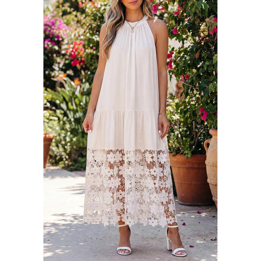 Stellan Sheer Hollowed Floral Lace Hem Patchwork Loose Halter Dress