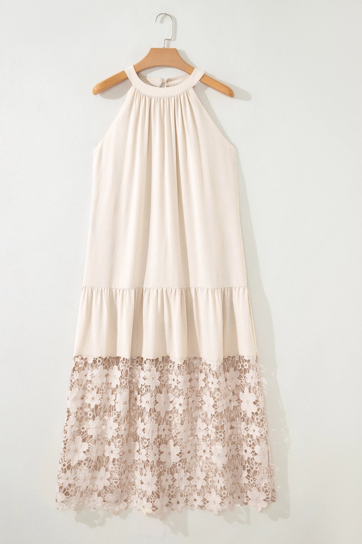 Stellan Sheer Hollowed Floral Lace Hem Patchwork Loose Halter Dress