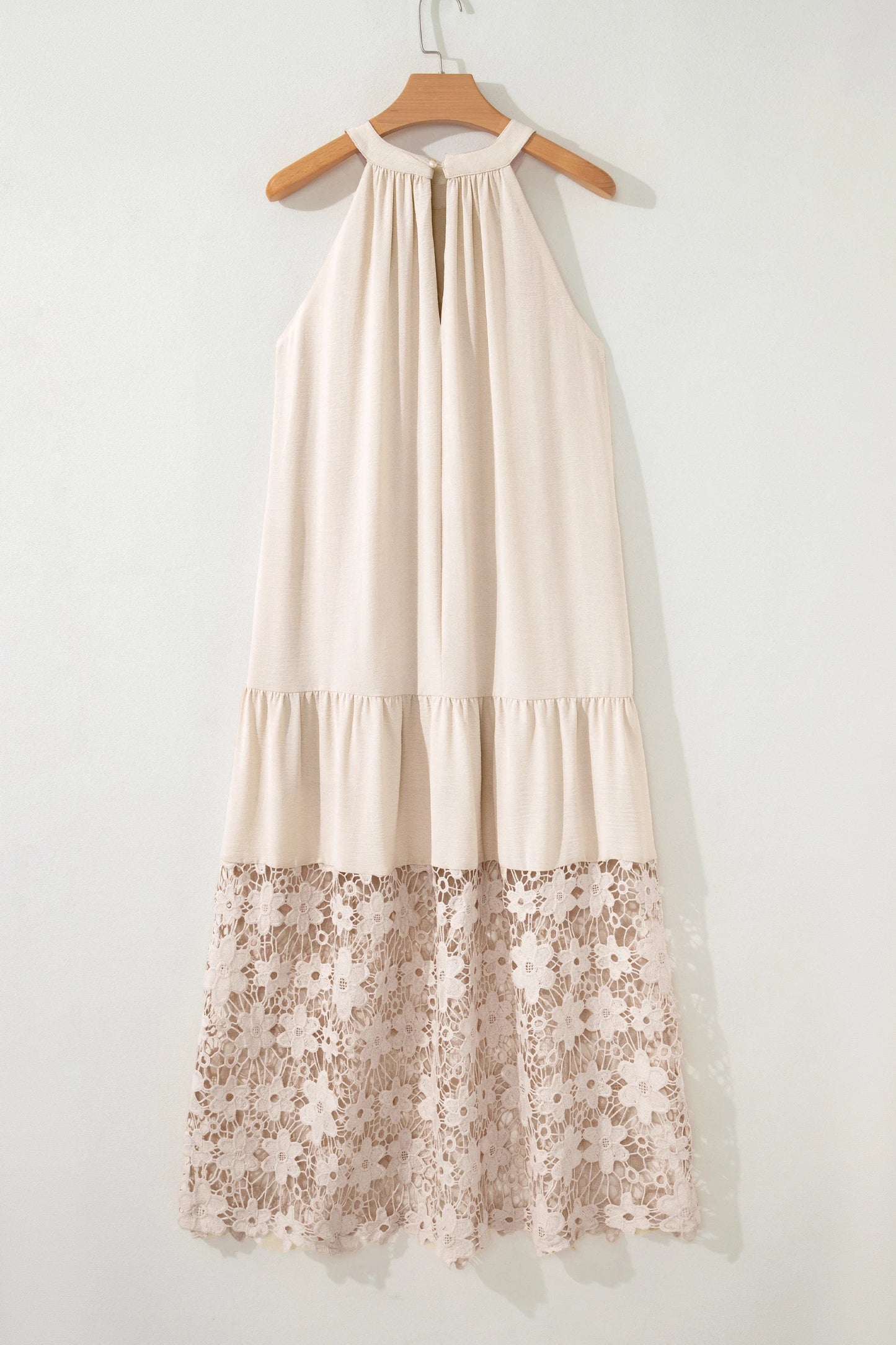 Stellan Sheer Hollowed Floral Lace Hem Patchwork Loose Halter Dress