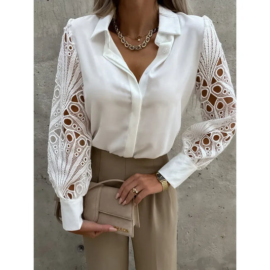 Stephania White Cut Out Lace Button Down Blouse