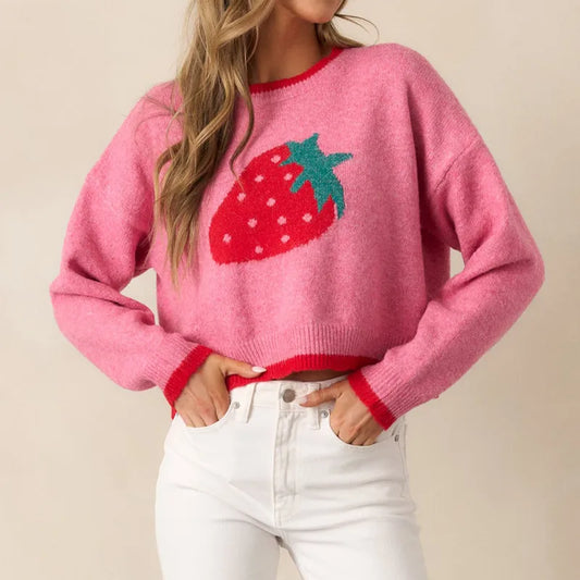Strawberry Cropped Long Sleeve Sweater