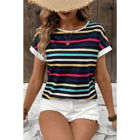 RTS Black Multicolor Contrast Edge Crew Neck T Shirt